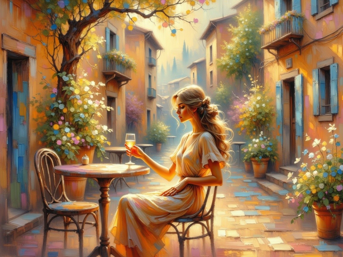 Sunlit Village Street with Flowers and Elegant Woman