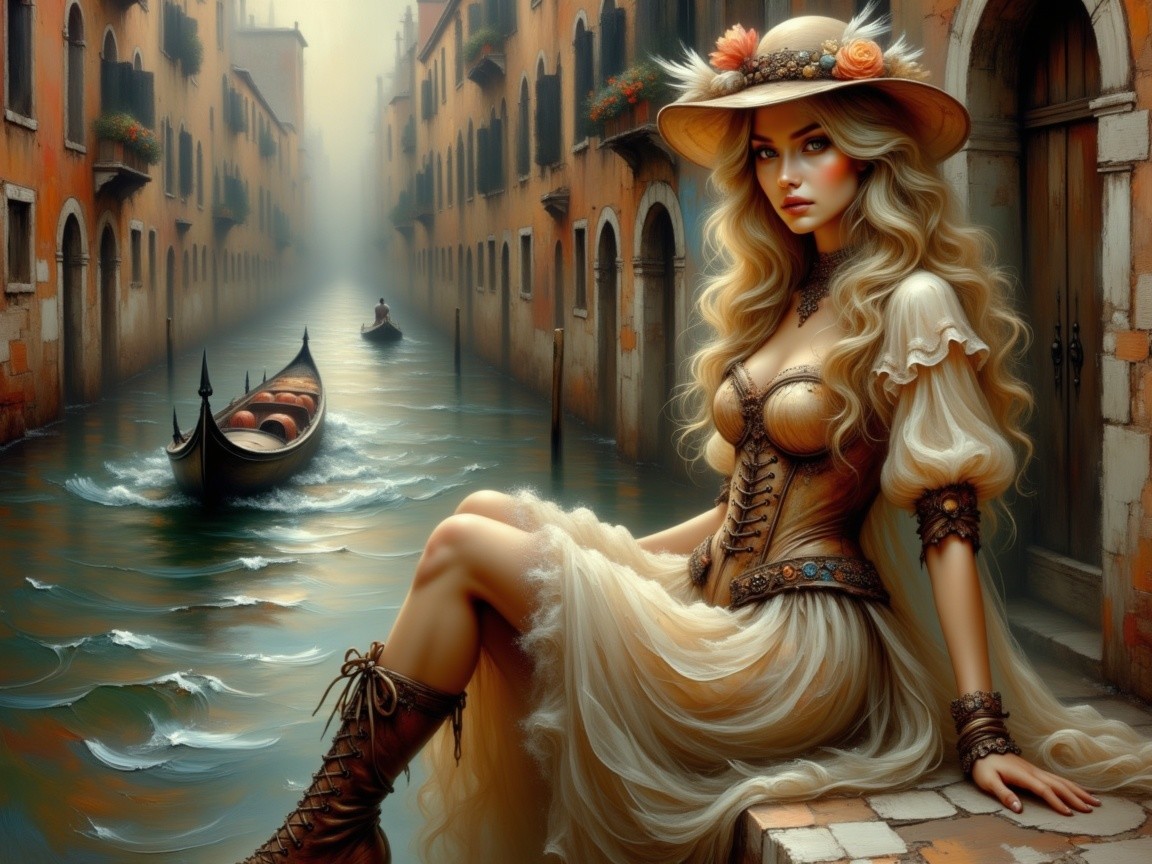 Beautiful Woman in Venetian Canal Setting