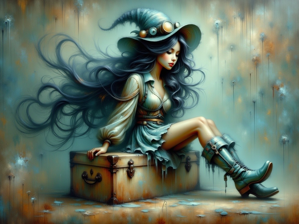 Mystical Figure on Suitcase in Dreamlike Setting