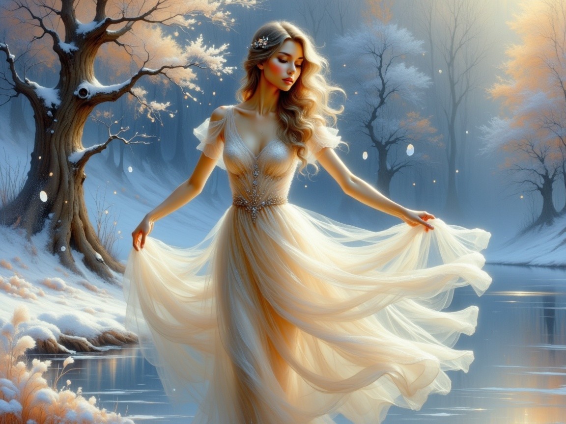 Graceful figure by a misty river in pastel gown