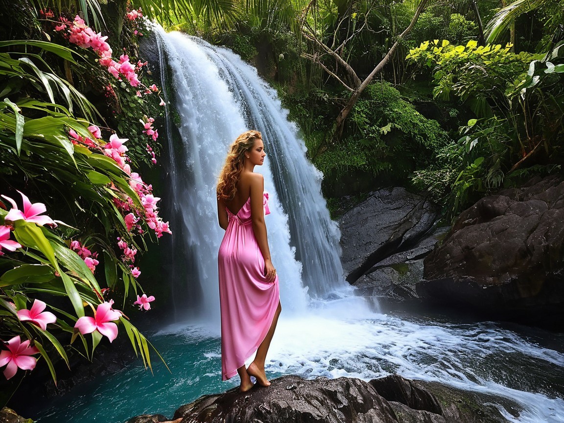 Waterfall in Jungle with Woman in Pink Dress