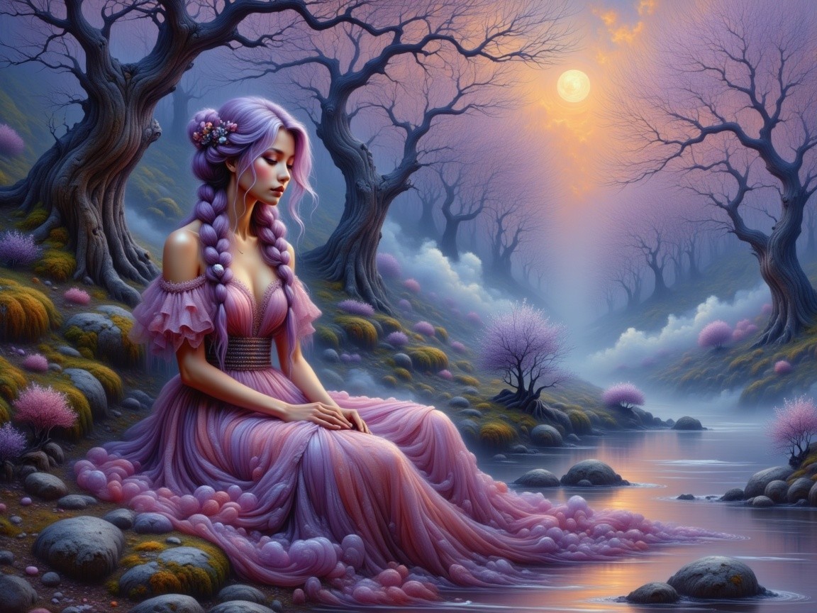 Young Woman in Pink Dress by Tranquil Stream