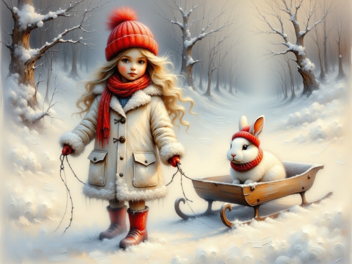 Young Girl with Sled and Rabbit in Snowy Landscape