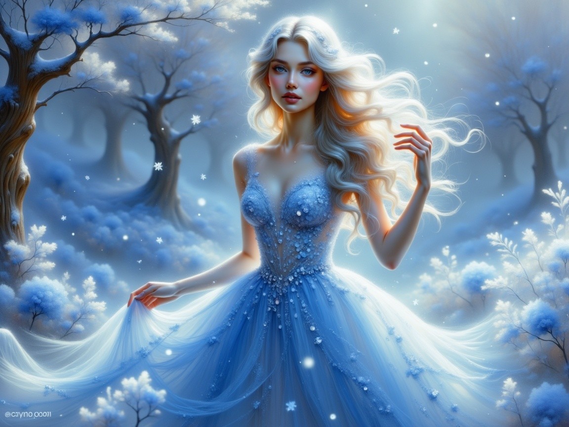 Serene Figure in Magical Winter Landscape with Snowflakes