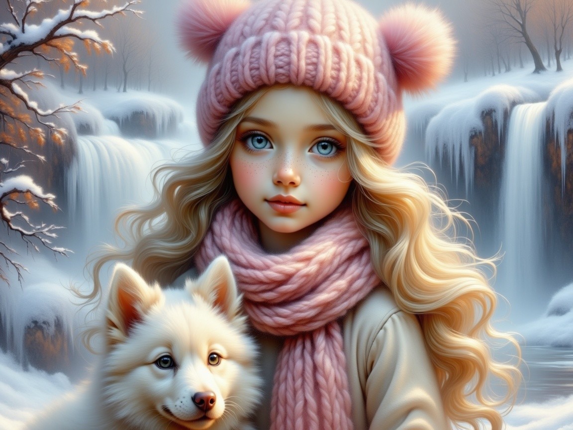 Young girl with puppy by a winter waterfall scene