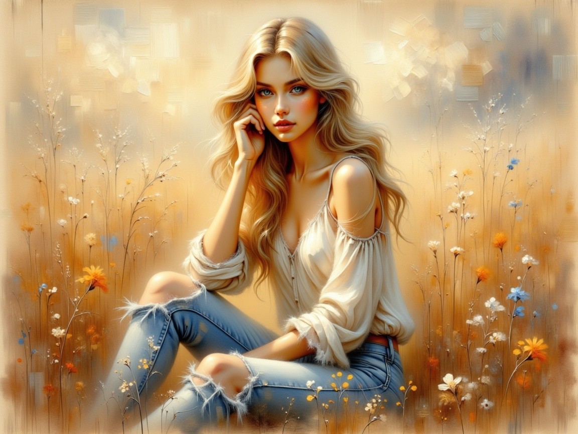 Young woman in wildflower field with soft blouse and jeans