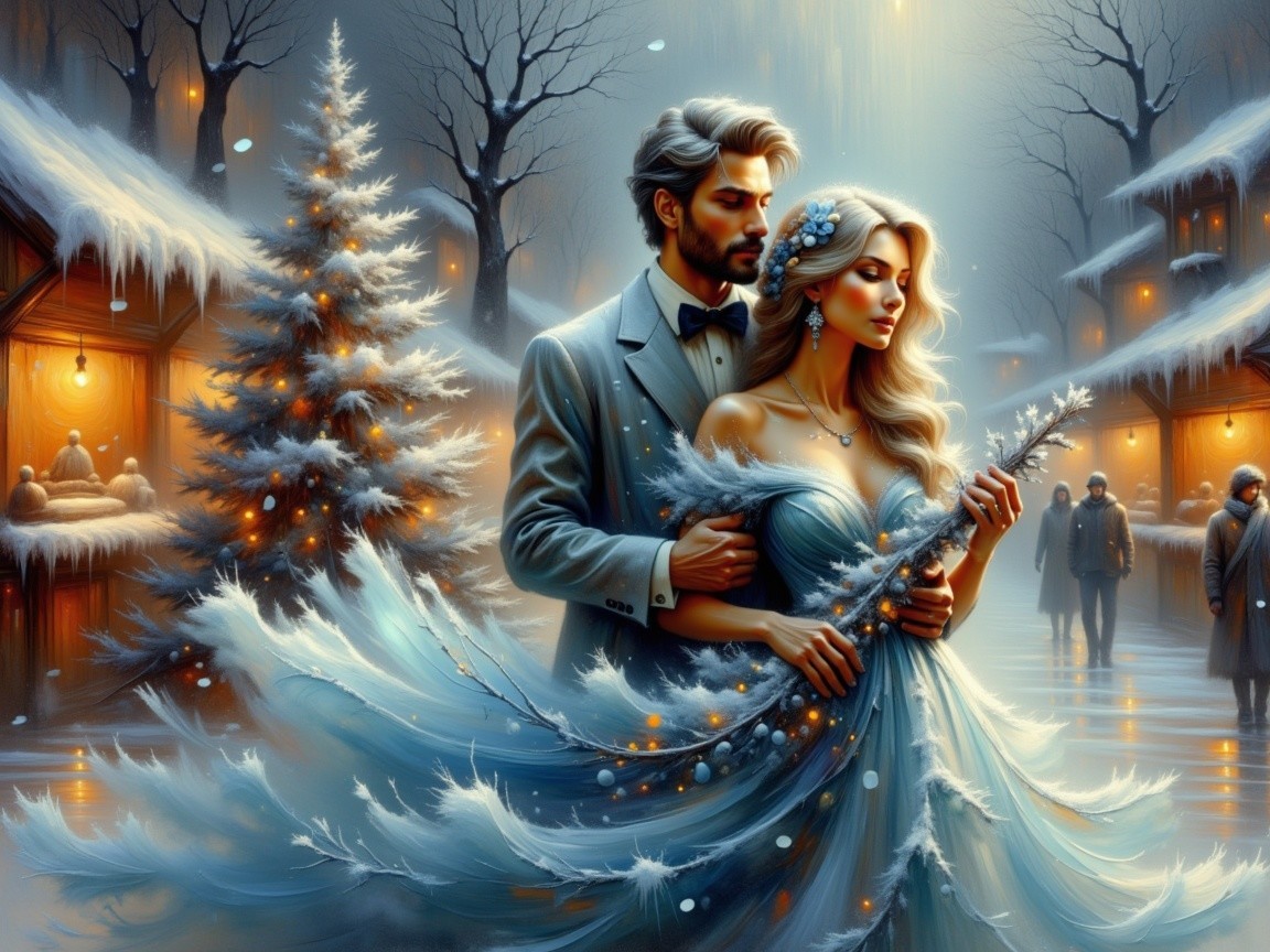 Winter Romance with Snowy Trees and Festive Lights
