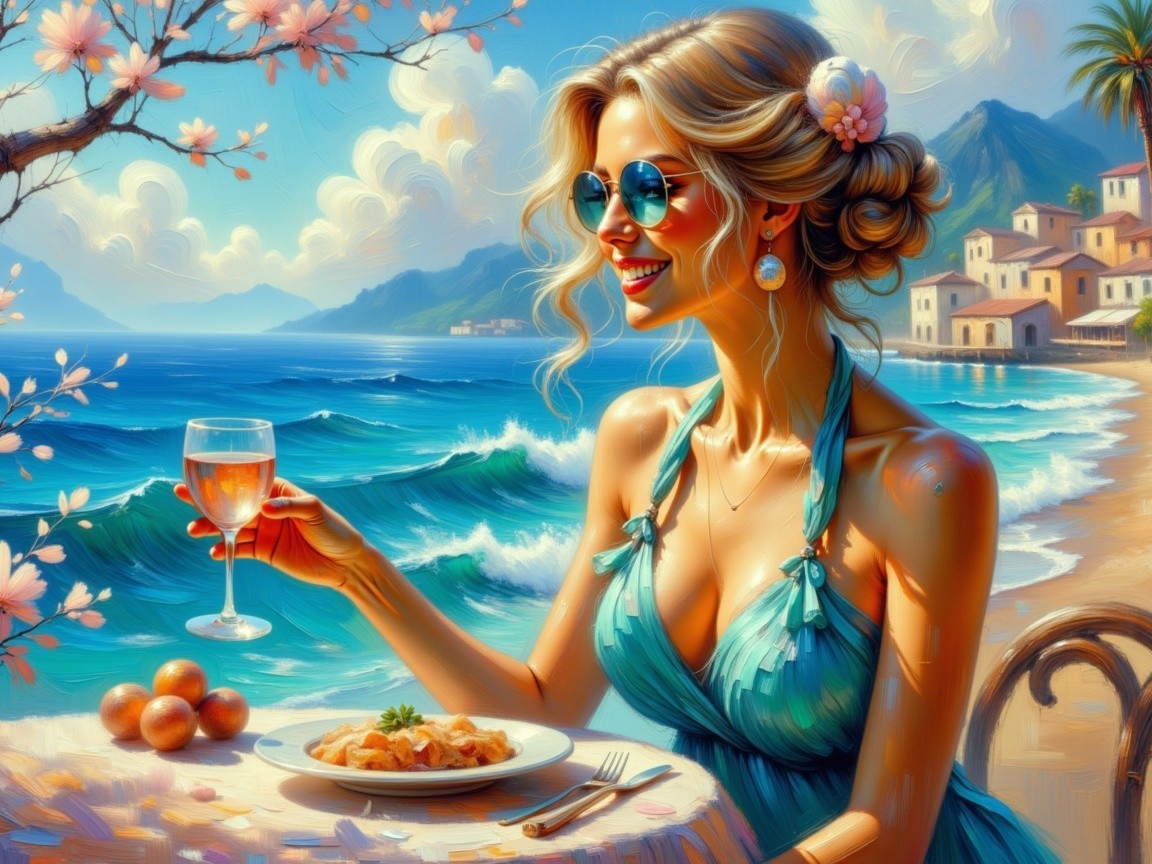 Woman in teal dress dining by the seaside with blooms