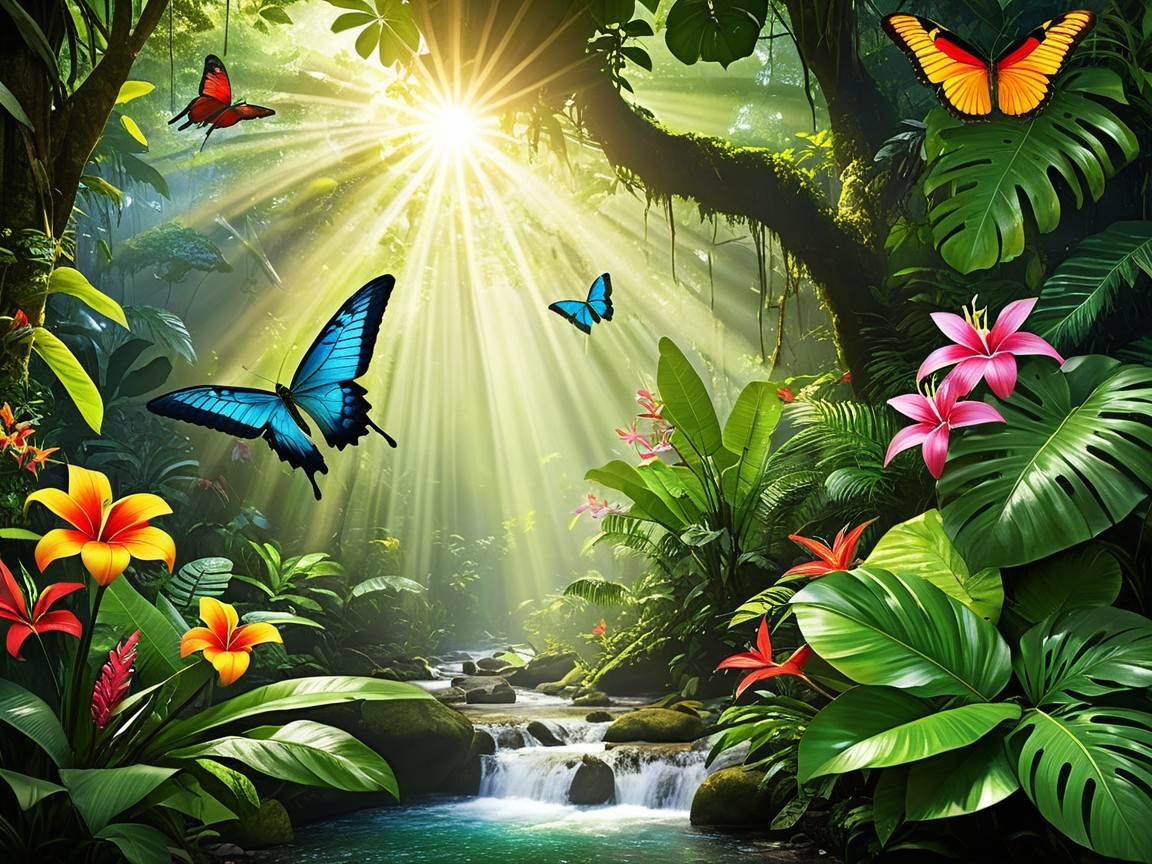 Vibrant Jungle Scene with Sunlight and Tropical Flora