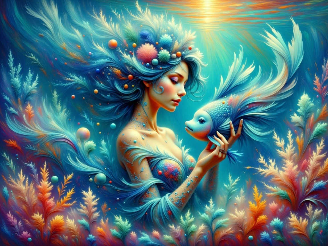 Whimsical Underwater Scene with Mystical Woman and Fish