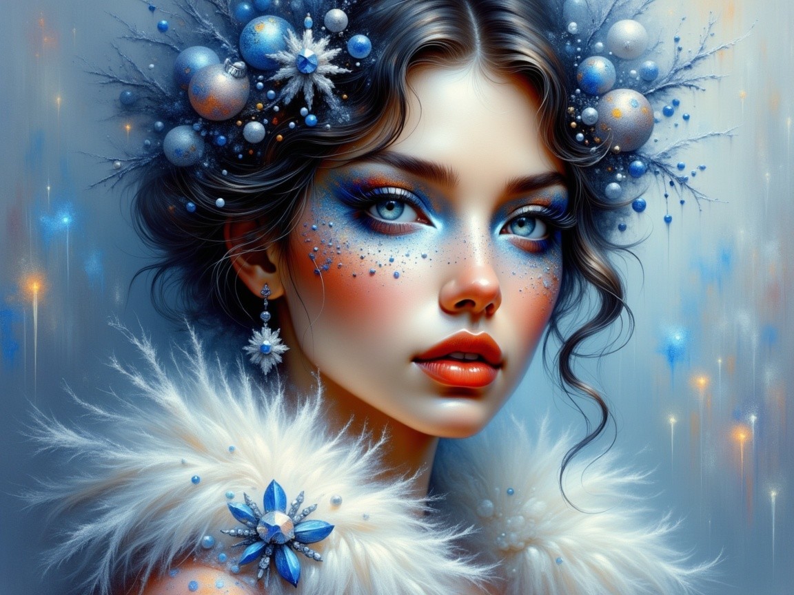 Young woman with blue makeup and winter-themed decor