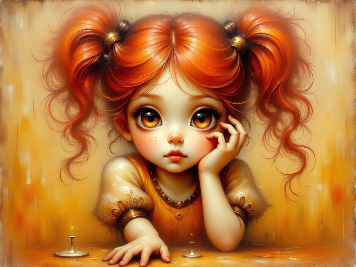 Young girl with red pigtails in golden dress