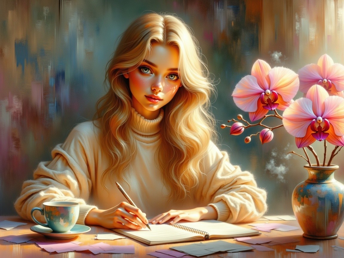 Young woman with blonde hair at a cozy table setting