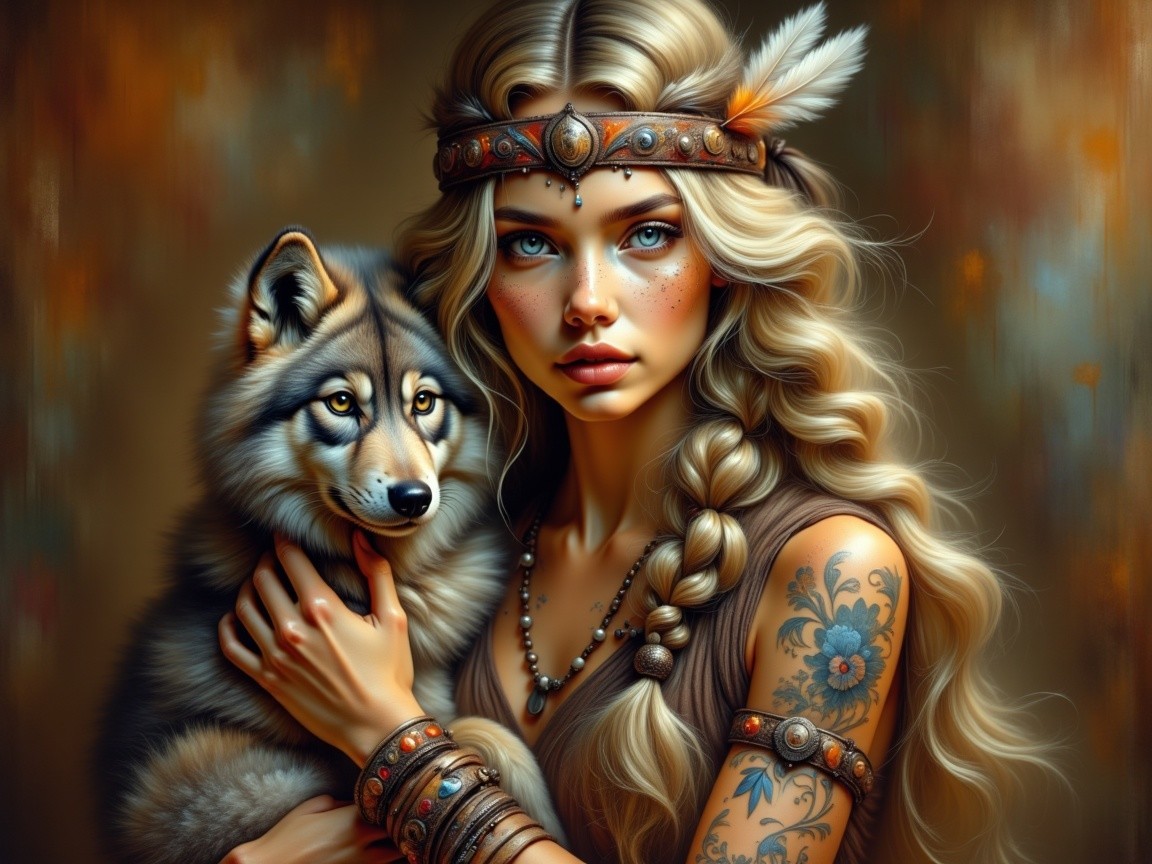Mystical Woman with Wolf in Earthy Tones