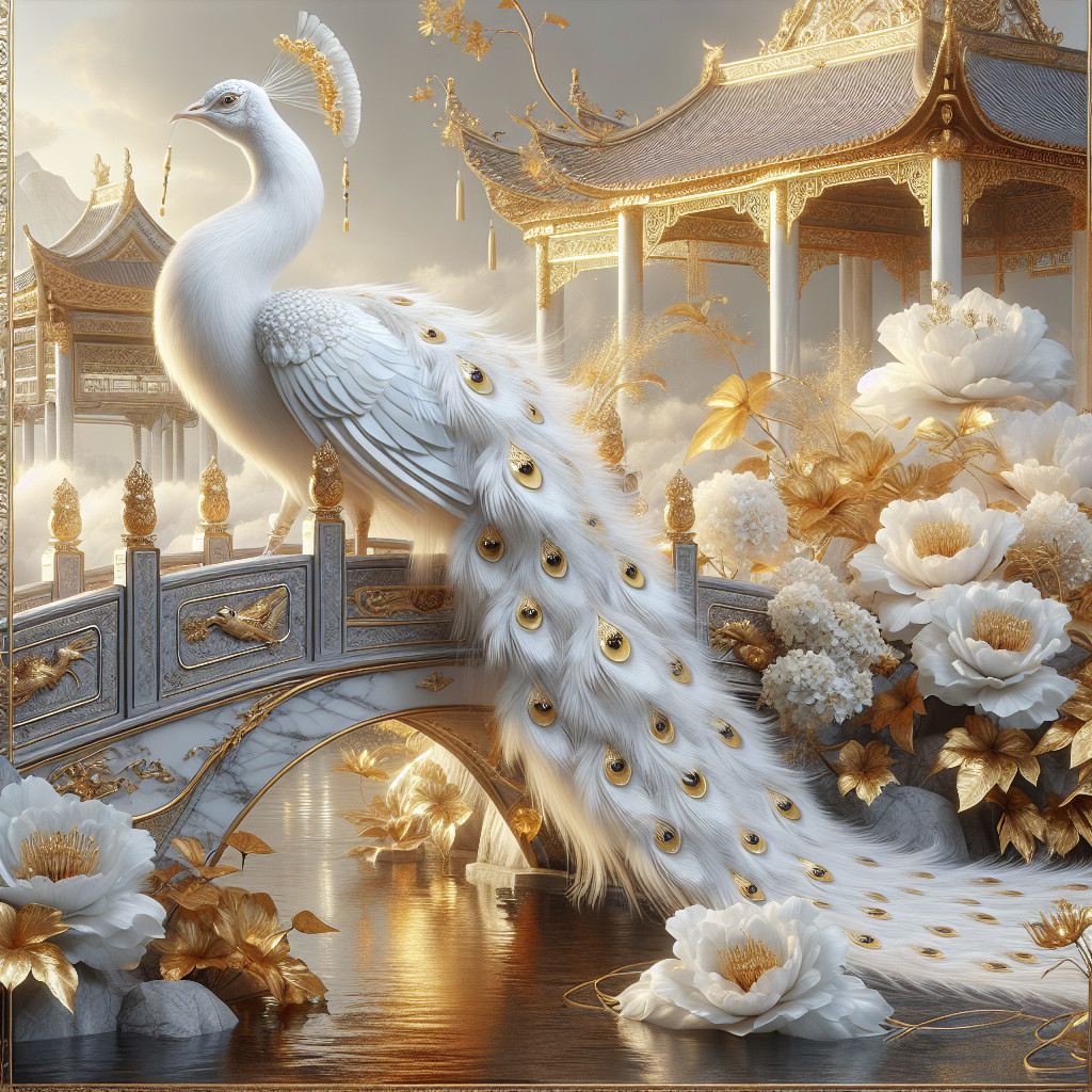 Majestic White Peacock on Marble Bridge with Flowers