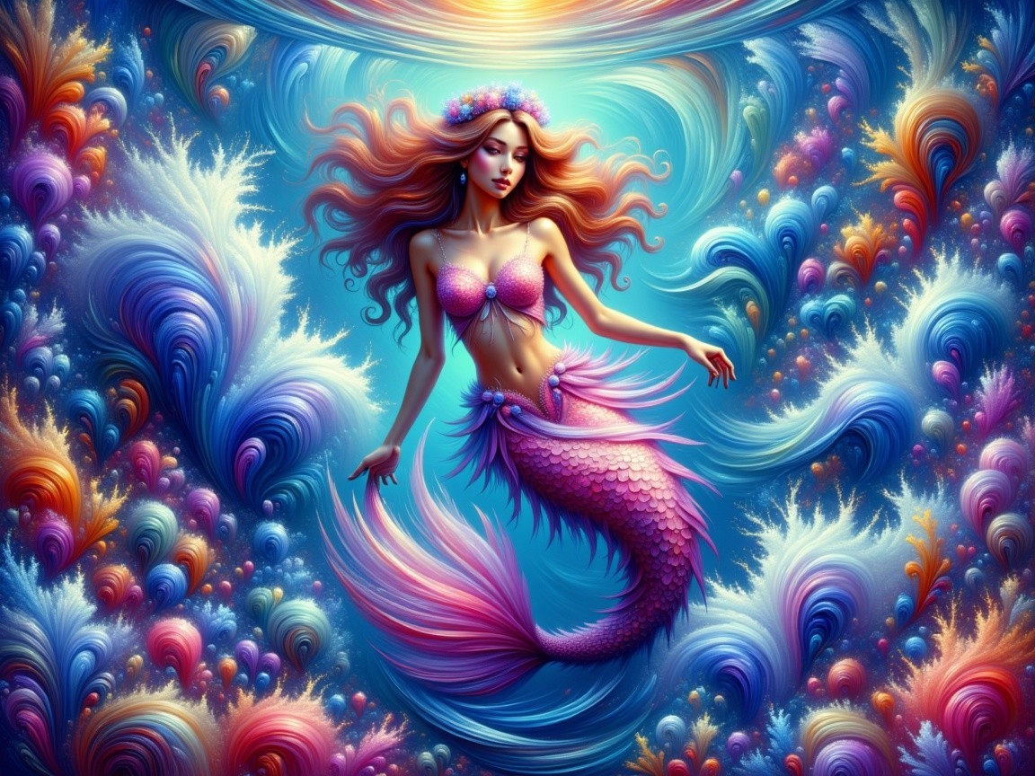Vibrant Underwater Scene with Mermaid and Colorful Waves