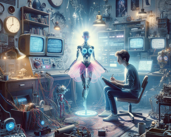 Young Inventor and Futuristic Robot in Workshop Setting