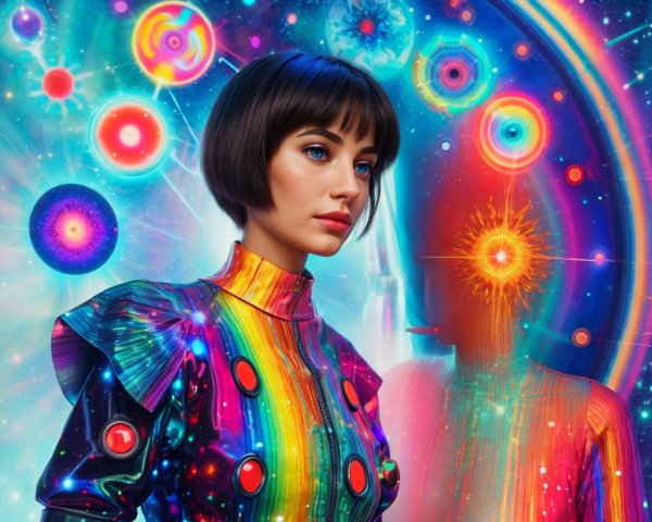 Futuristic Woman in Rainbow Outfit Against Cosmic Background