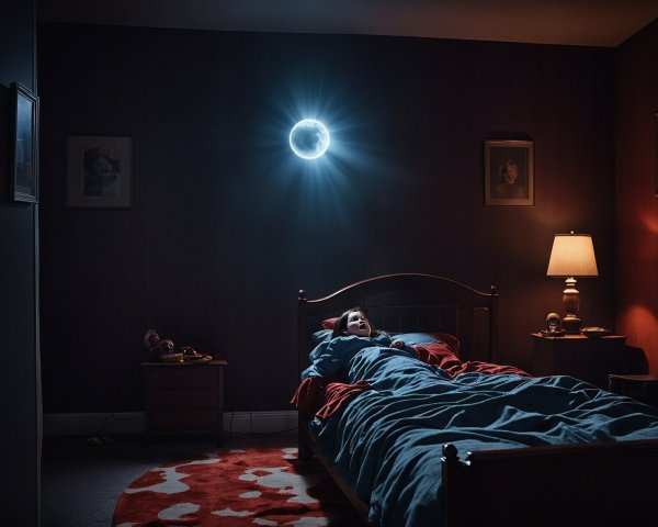 Child in dim bedroom with moonlight glow and decor