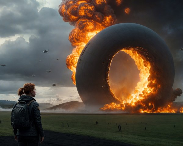 Lone Figure Observes Futuristic Structure in Landscape