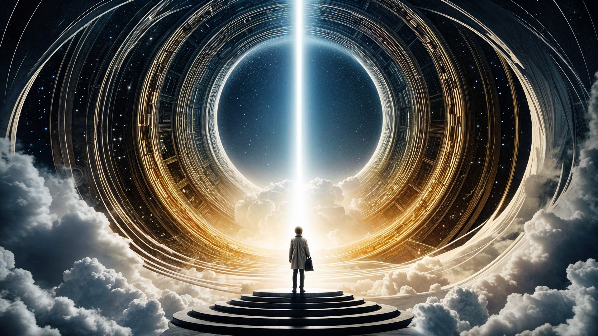 Figure at Staircase Gazing into Bright Circular Portal