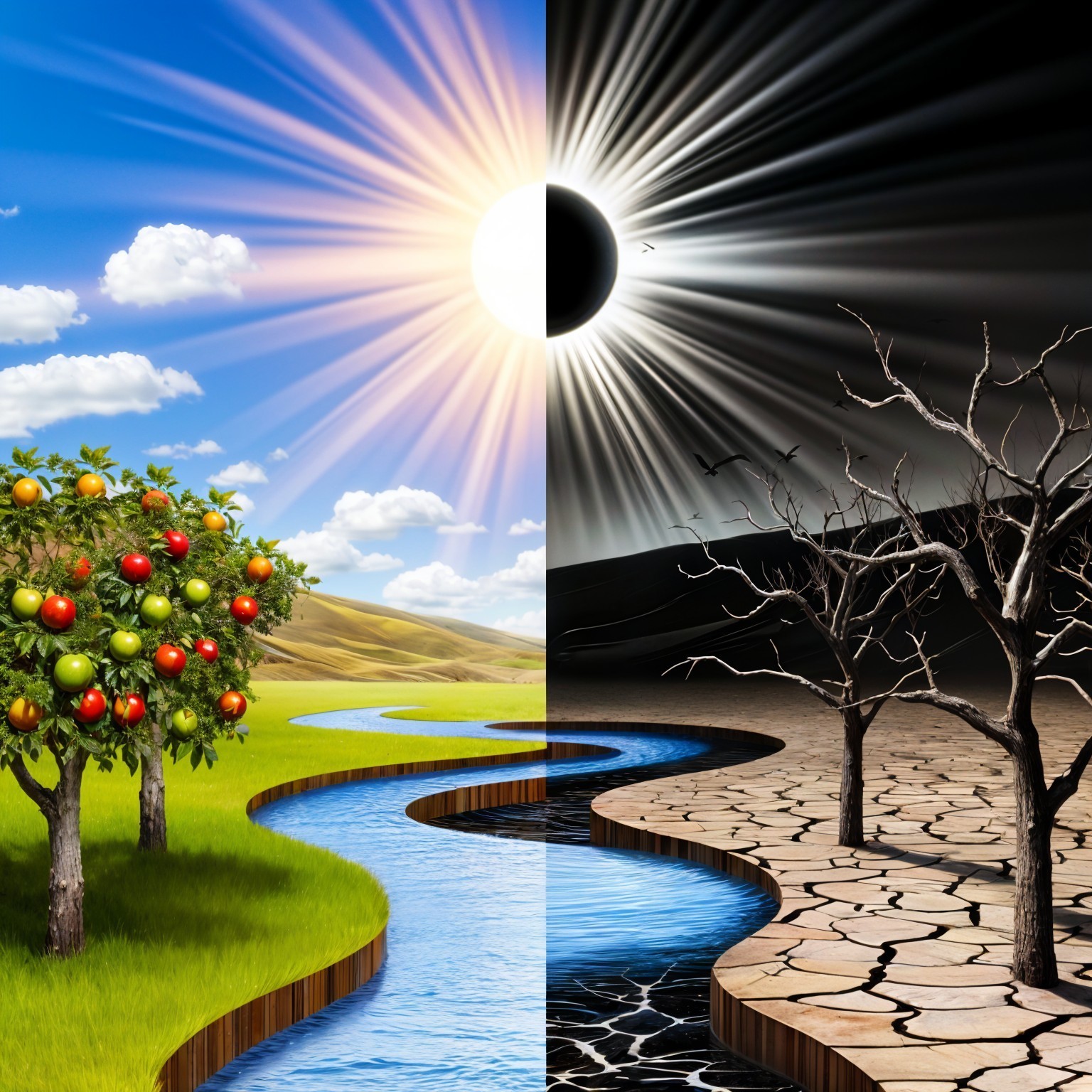 Contrast of Lush and Arid Landscapes in One Scene