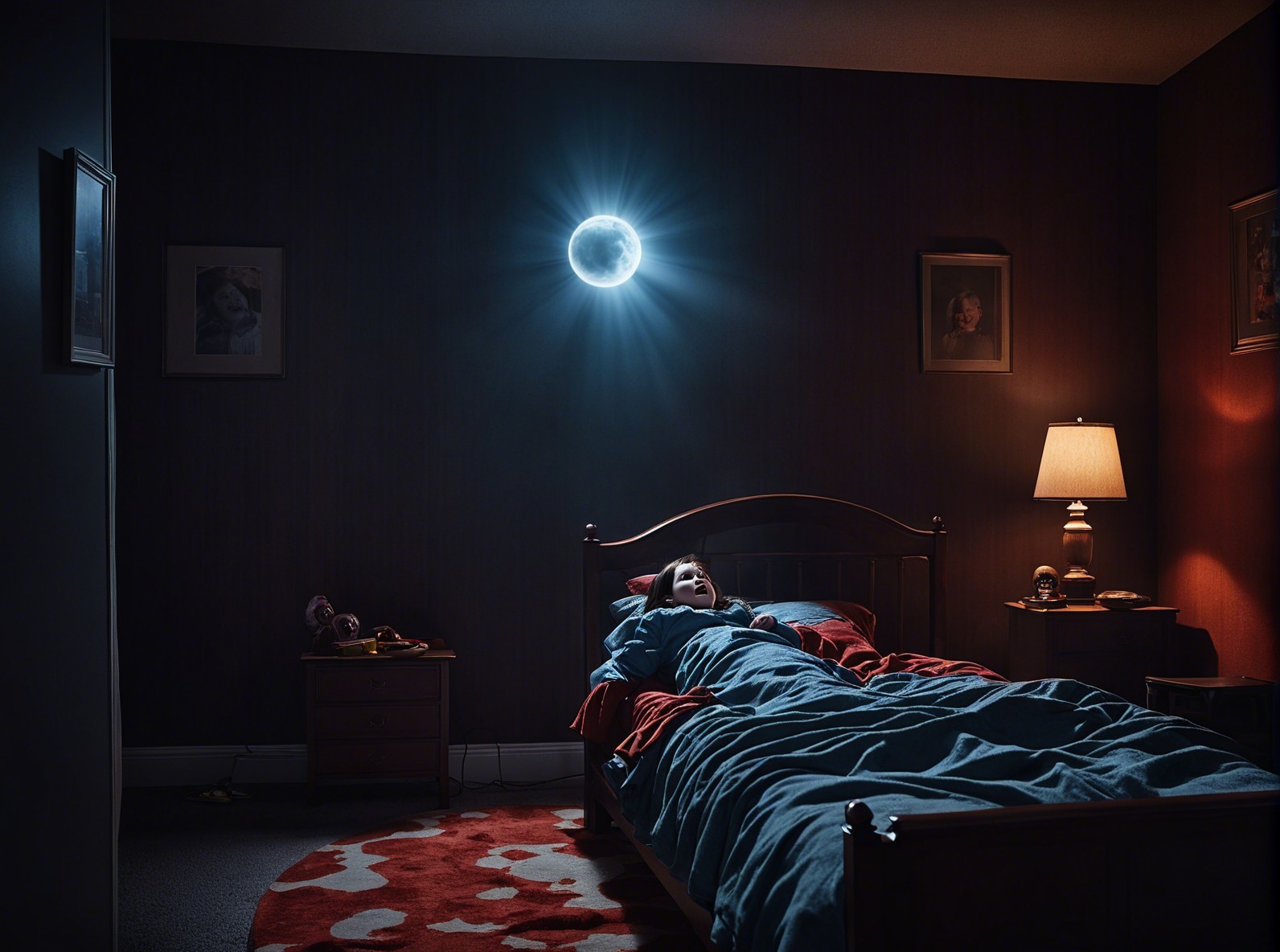 Child in dim bedroom with moonlight glow and decor
