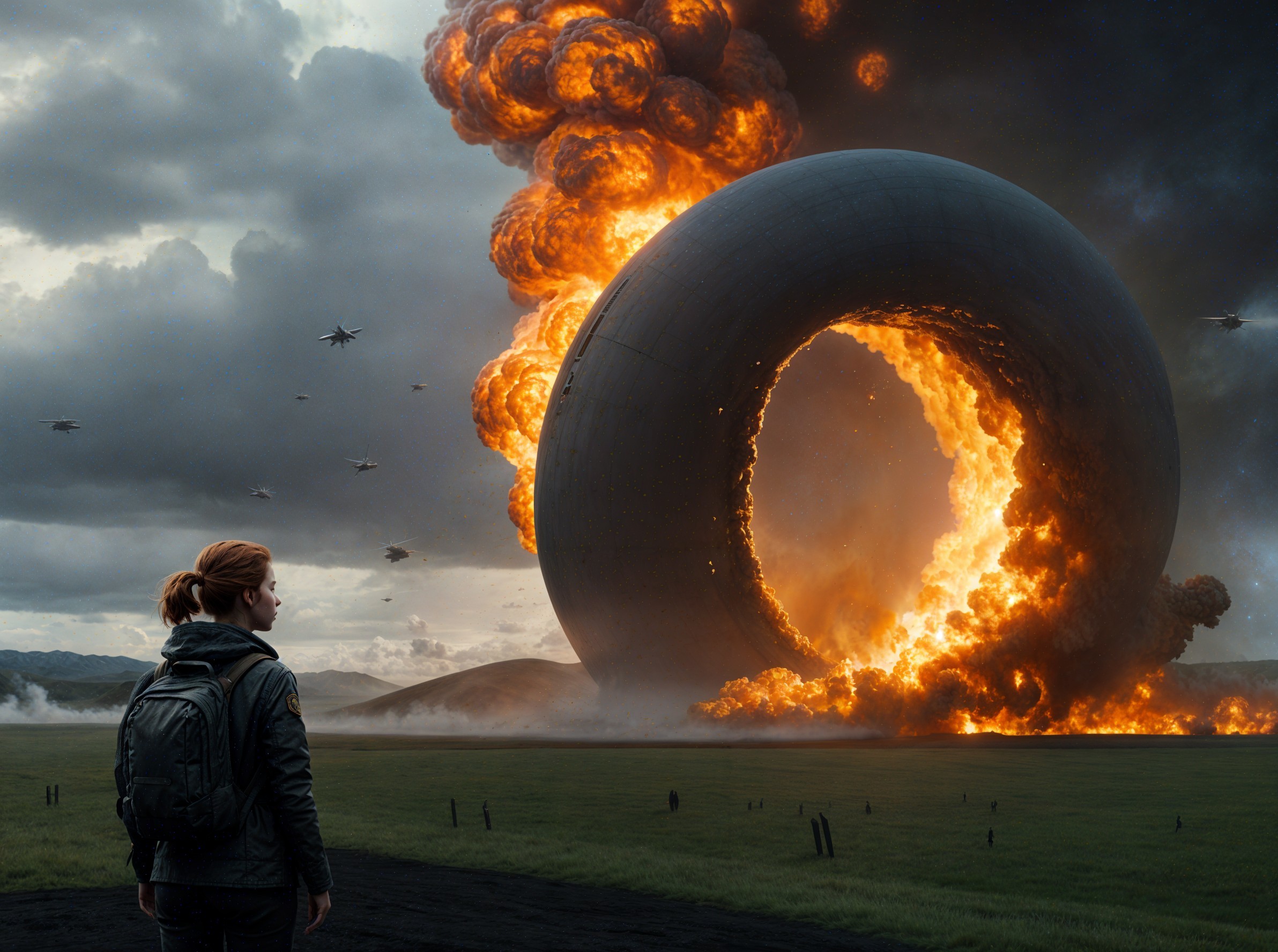 Lone Figure Observes Futuristic Structure in Landscape