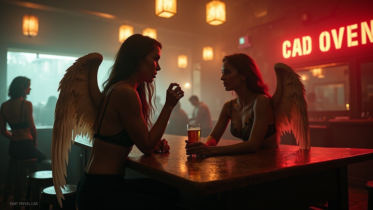 Women with angelic wings at a stylish bar setting