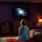 Child in dim bedroom with moonlight glow and decor