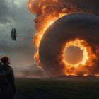 Lone Figure Observes Futuristic Structure in Landscape