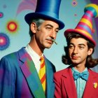 Futuristic Woman in Rainbow Outfit Against Cosmic Background