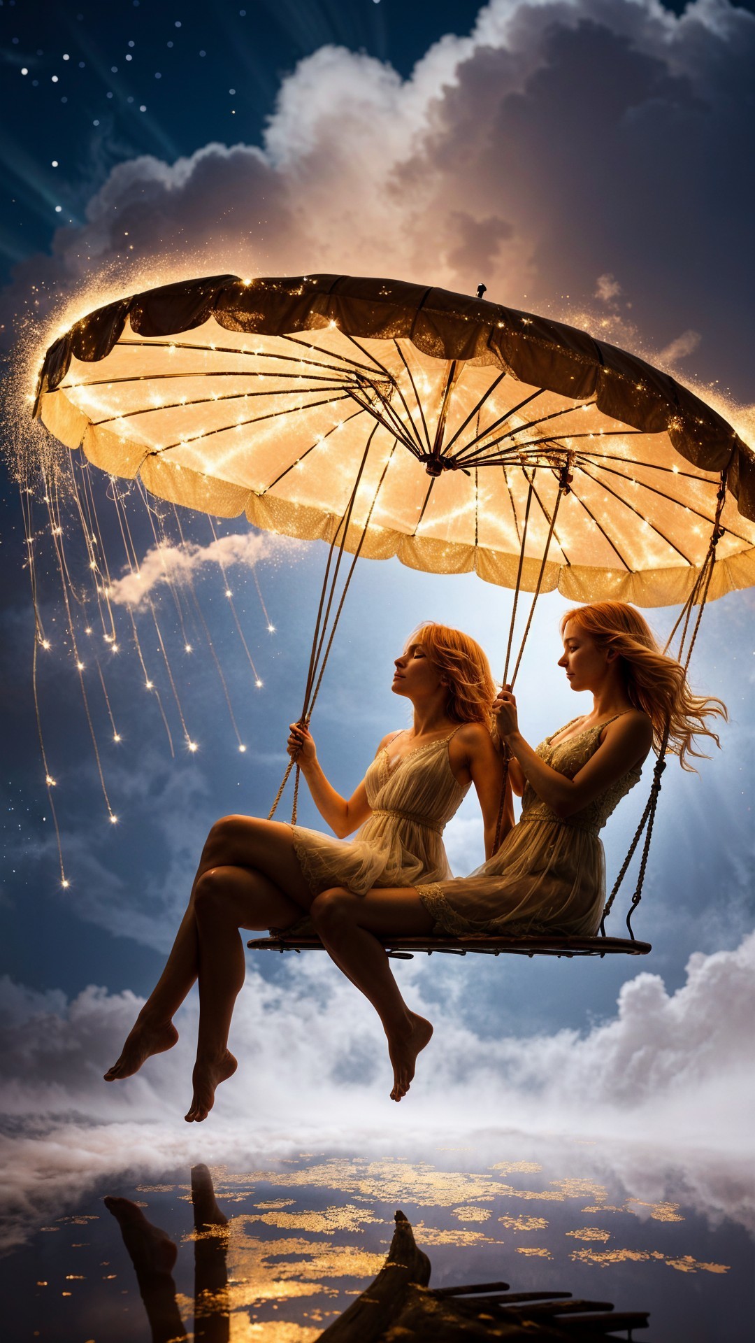 Ethereal Figures on Glowing Swing in Dreamlike Sky