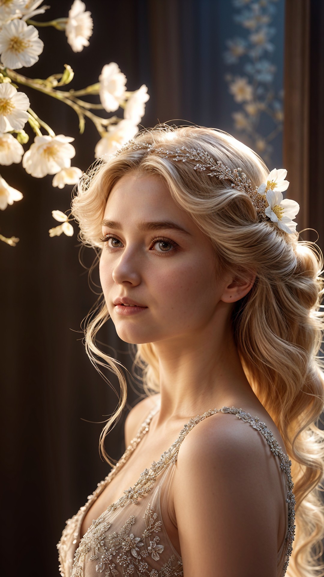 Young woman in elegant gown with floral accents