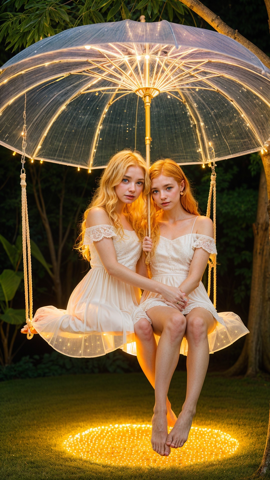 Young women on whimsical illuminated umbrella swing