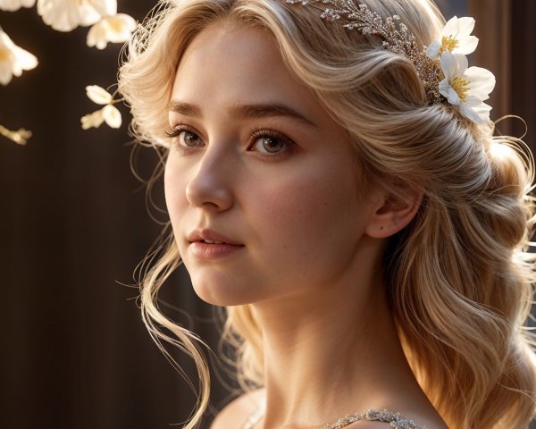 Young woman in elegant gown with floral accents