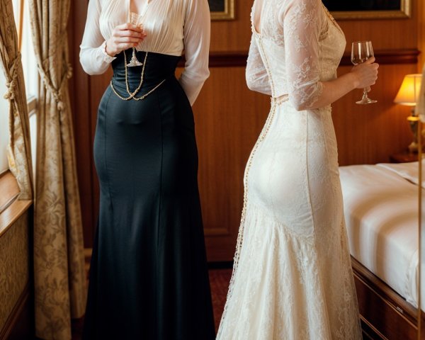 Elegant Hotel Room with Women in Formal Attire
