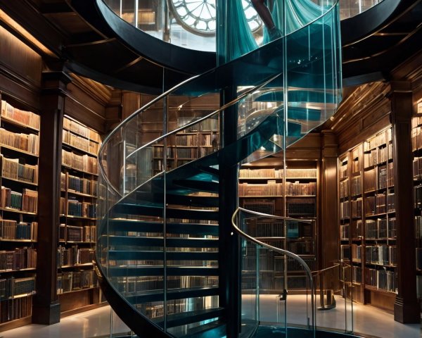 Grand library interior with spiral staircase and bookshelves