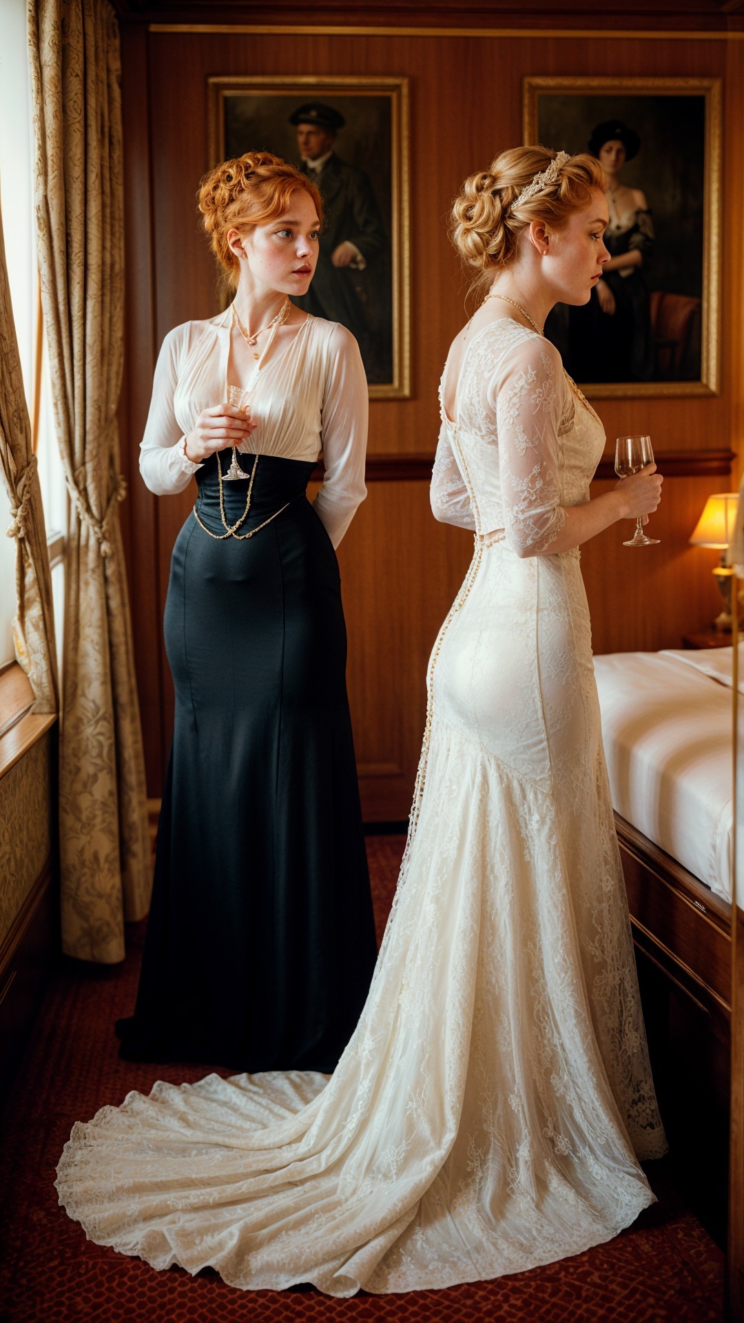 Elegant Hotel Room with Women in Formal Attire