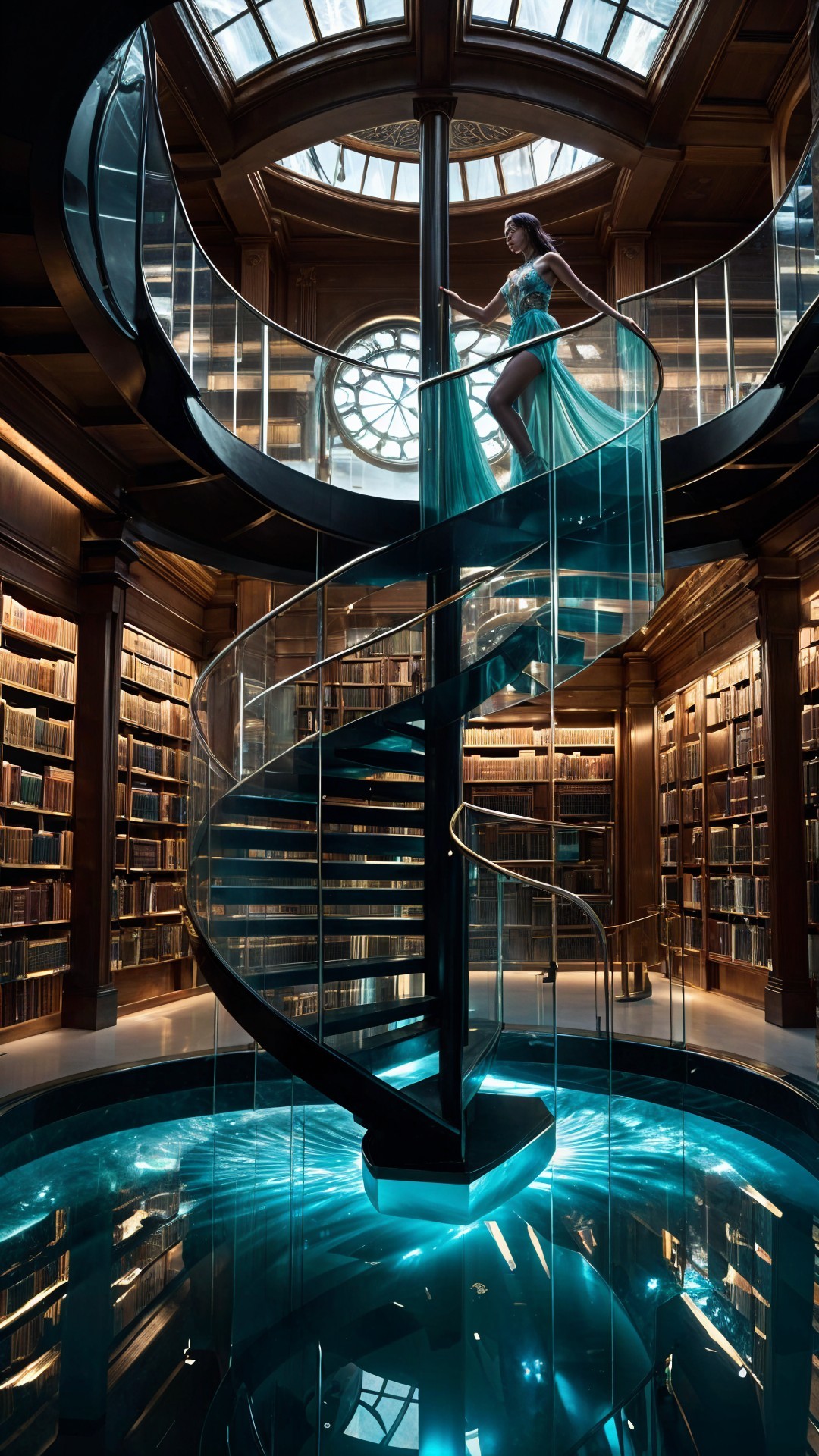 Grand library interior with spiral staircase and bookshelves