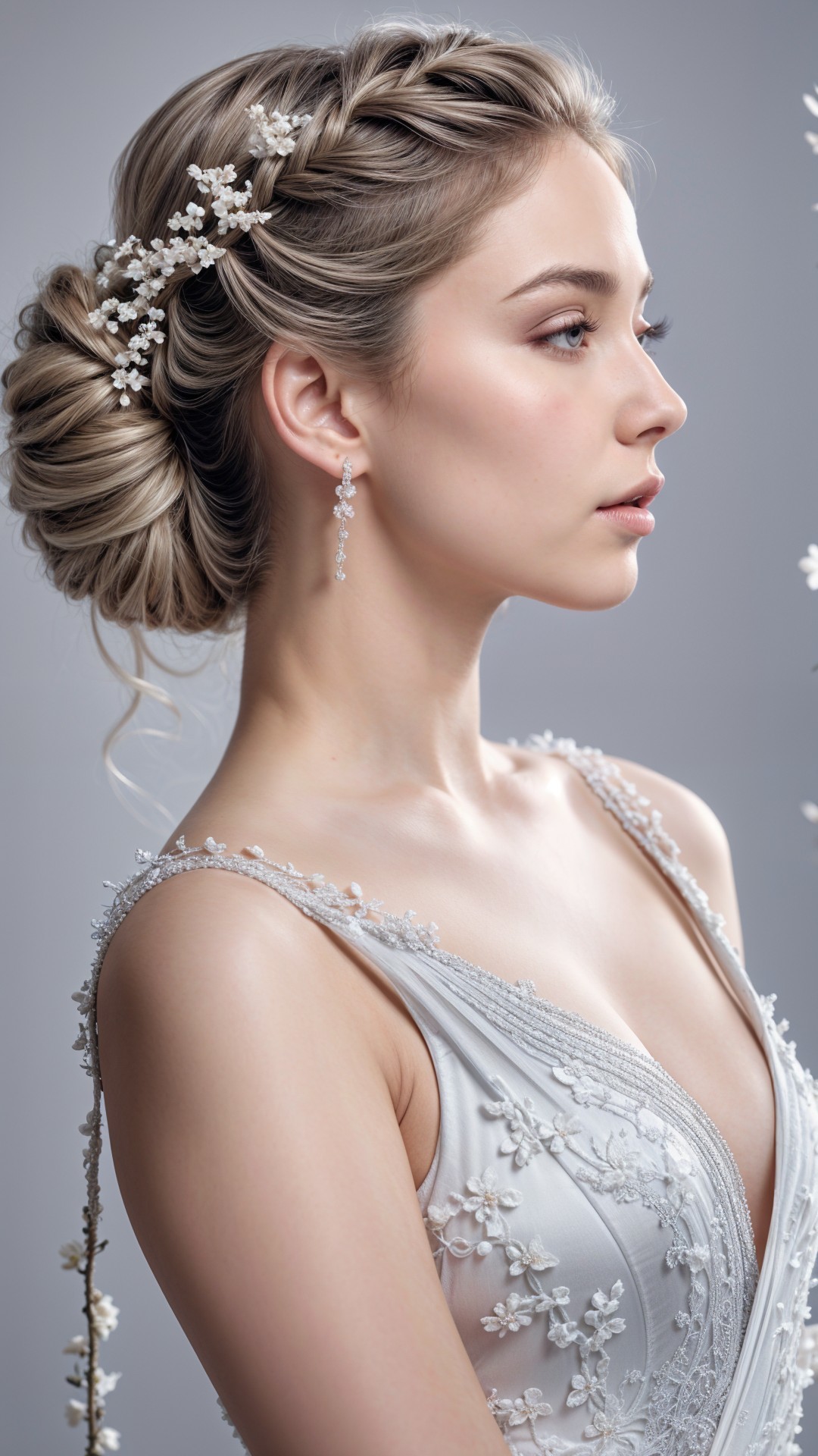 Elegant woman in light blue gown with floral accents