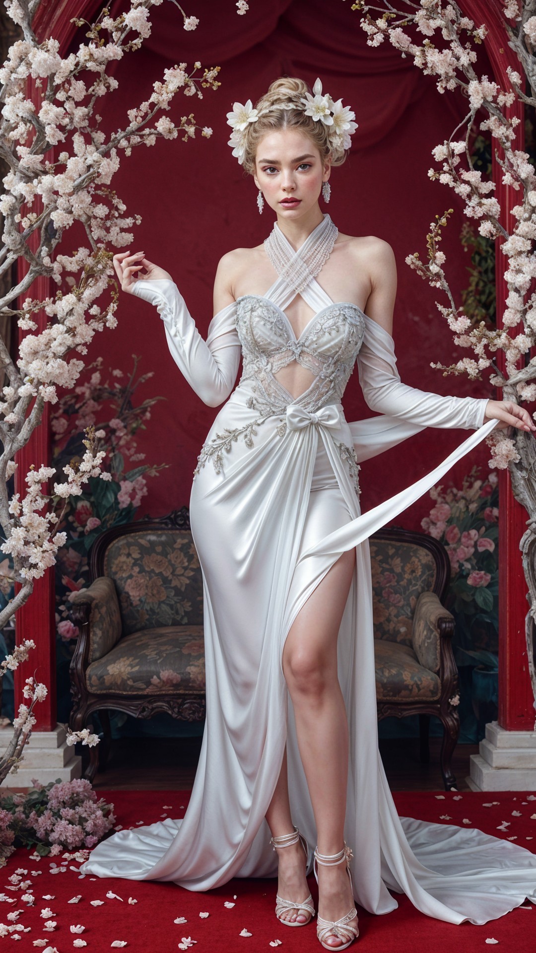 Elegant Model in White Gown Among Cherry Blossoms