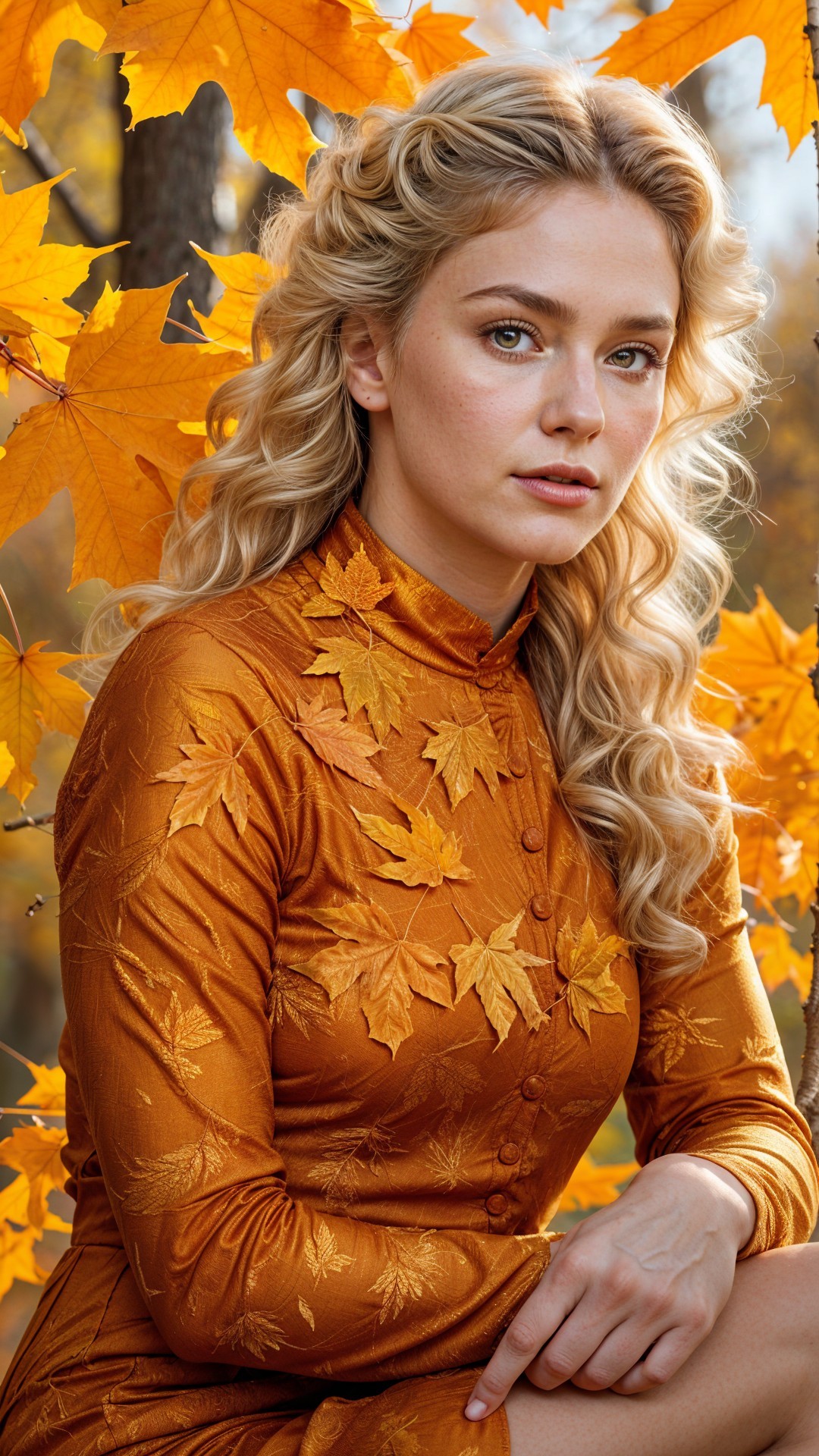 Woman in Orange Dress Amidst Autumn Leaves