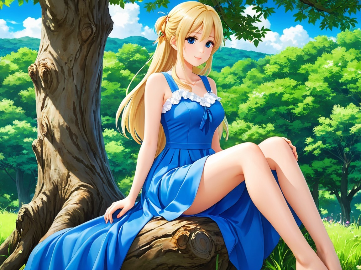 Young Woman in Blue Dress Sitting on Tree Branch