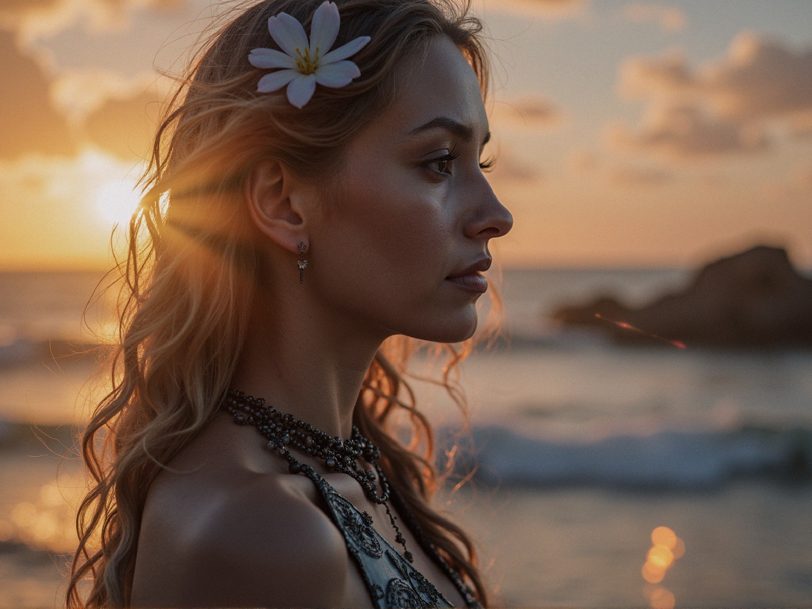 Woman with Wavy Hair by Beach at Sunset