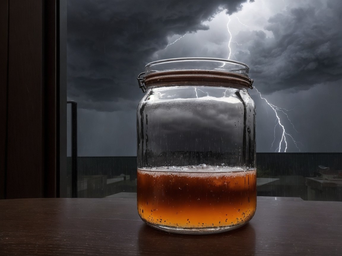 Glass Jar of Amber Liquid Against Stormy Background