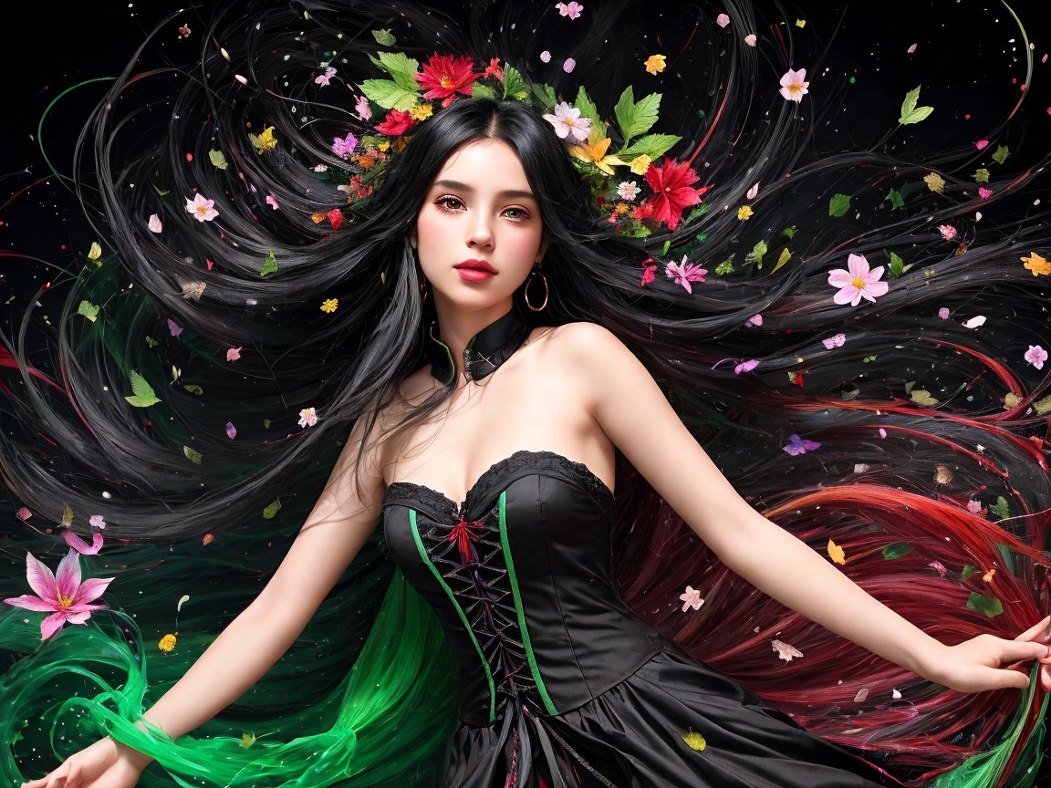 Striking Woman with Colorful Hair and Elegant Dress