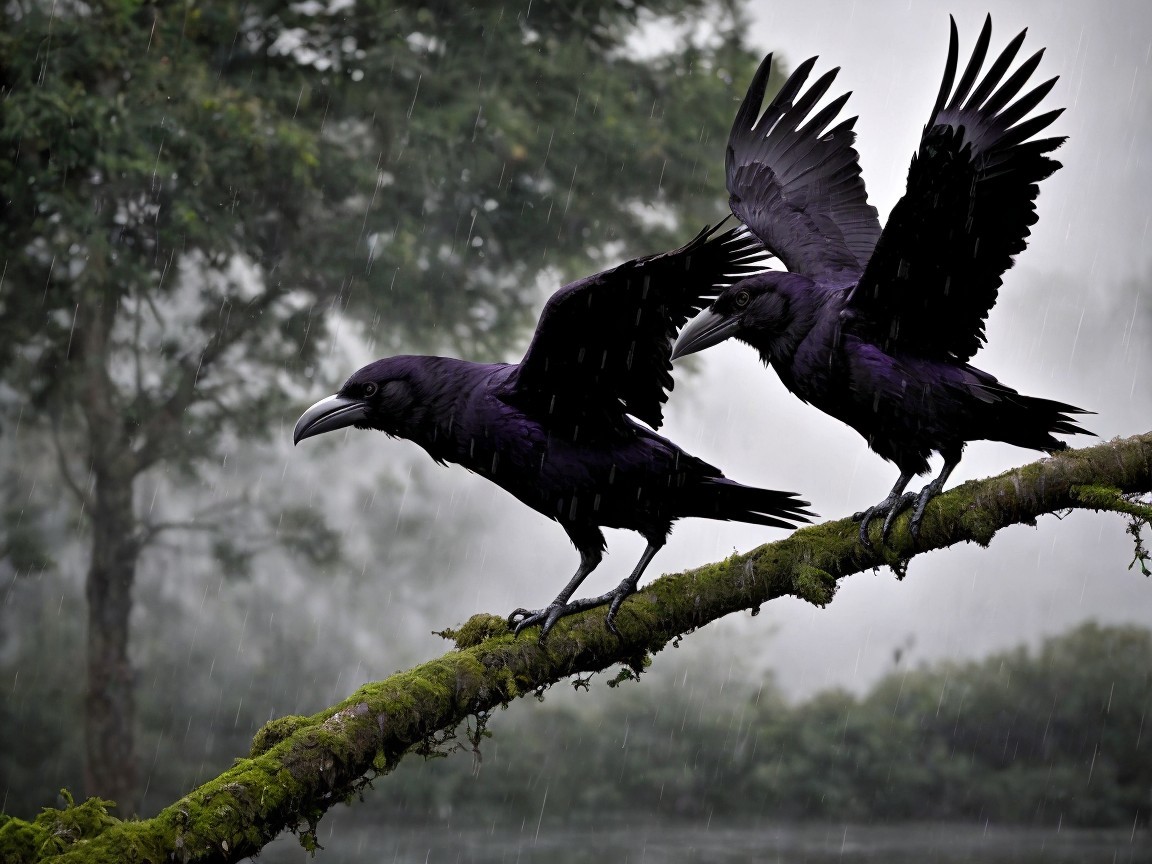 Ravens on a Mossy Branch in a Rainy Setting