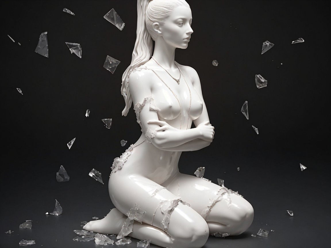 White Mannequin in Contemplation on Dark Surface