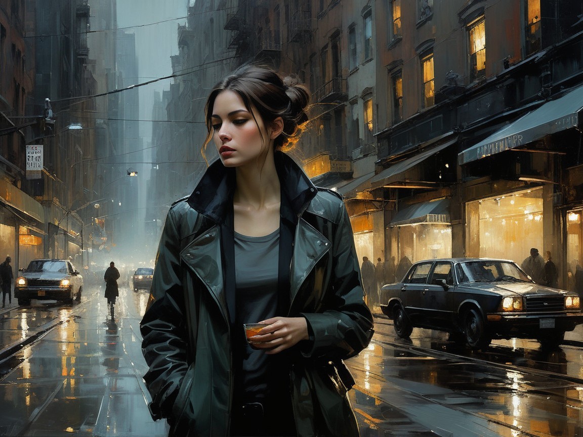 Young Woman in Rainy Urban Street at Night